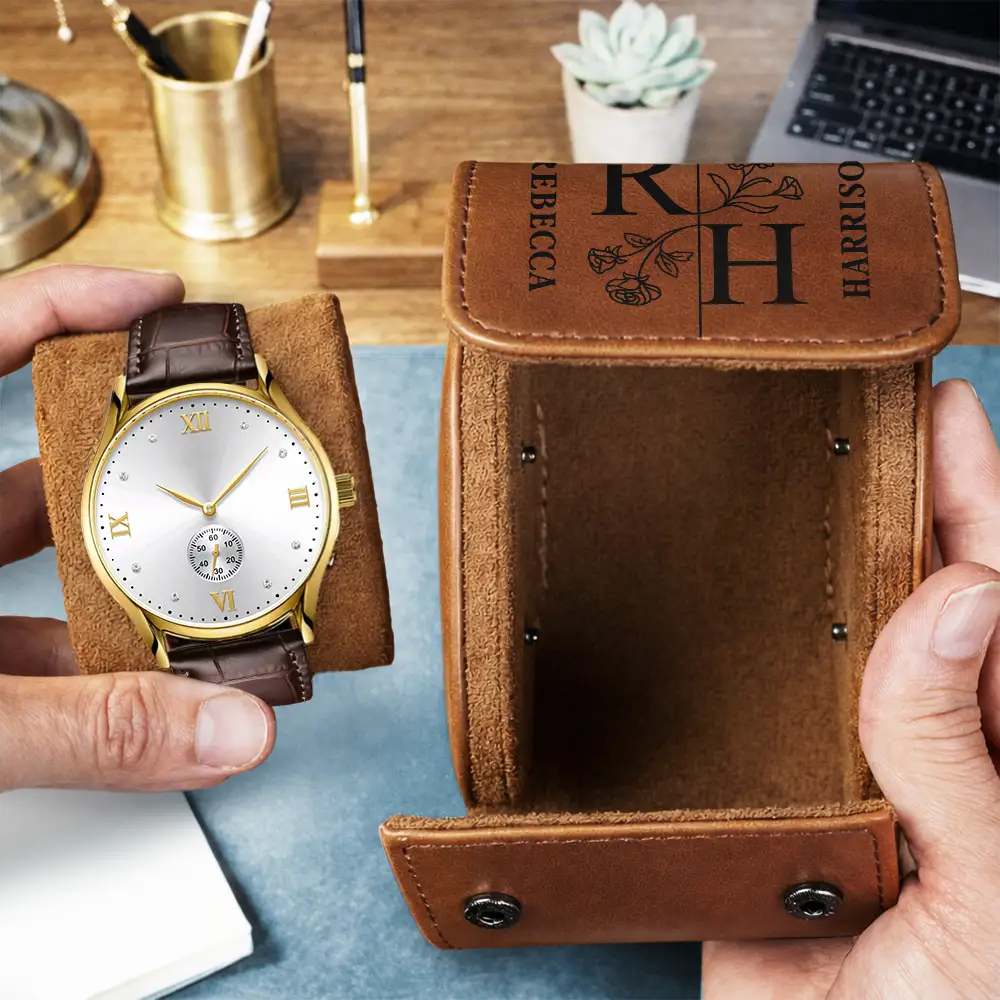 Birth Flower Couple Custom Monogram Name - Personalized Leather Watch Case - Image 3