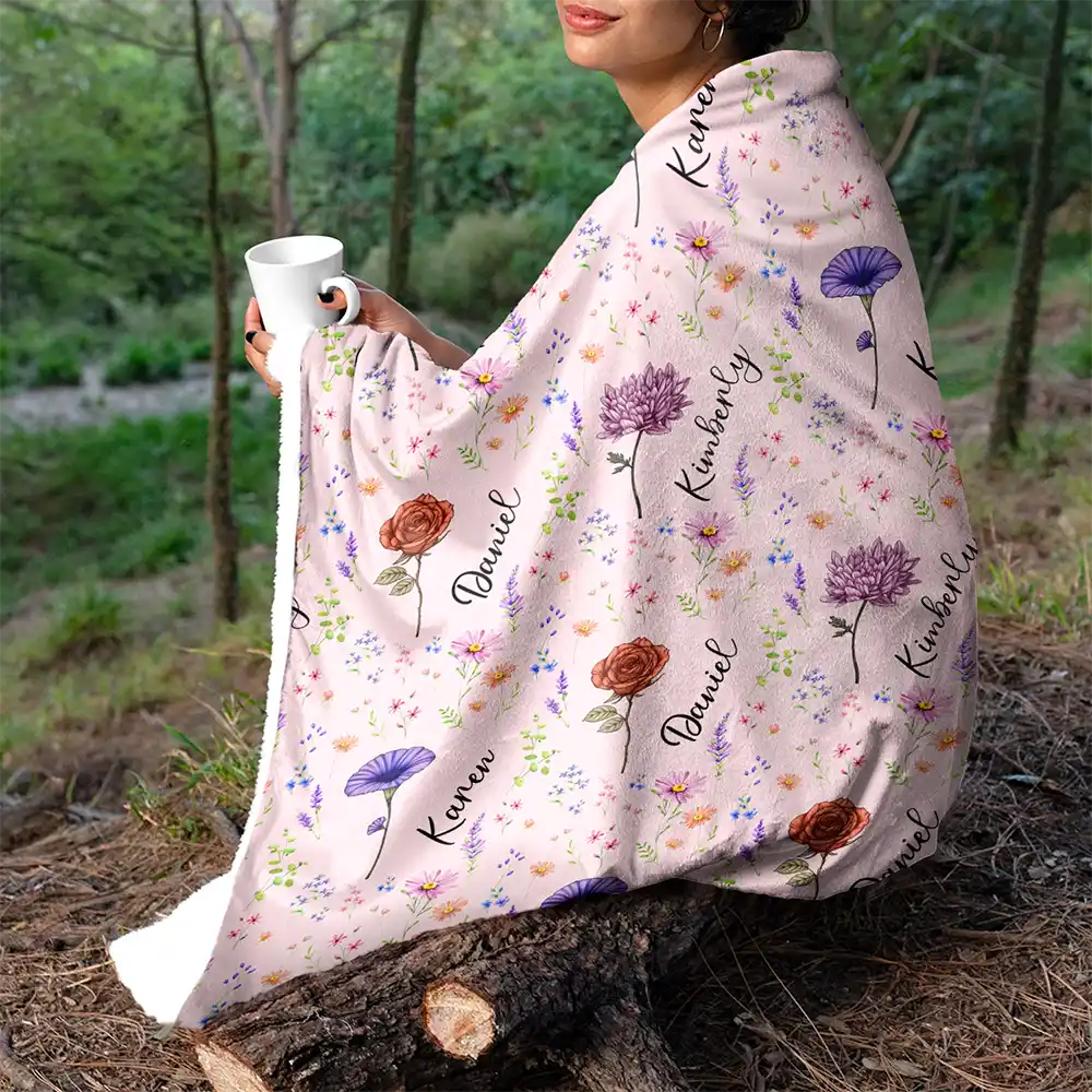 Birth Flower Custom Name Bestie - Personalized Fleece Blanket, Sherpa Blanket - Image 5