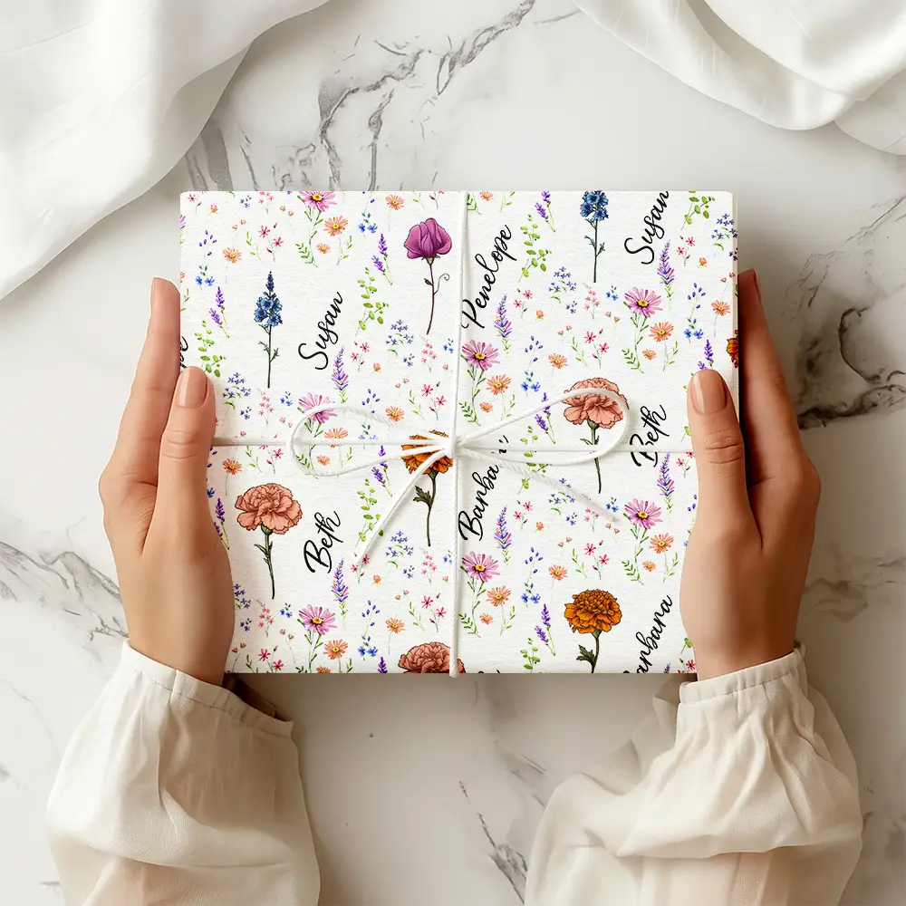 Birth Flower Custom Name Family Daughter Sister - Personalized Wrapping Paper - Image 2