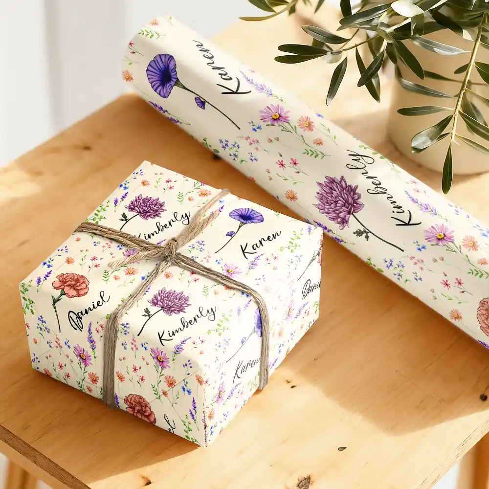 Birth Flower Custom Name Family Daughter Sister - Personalized Wrapping Paper - Image 5
