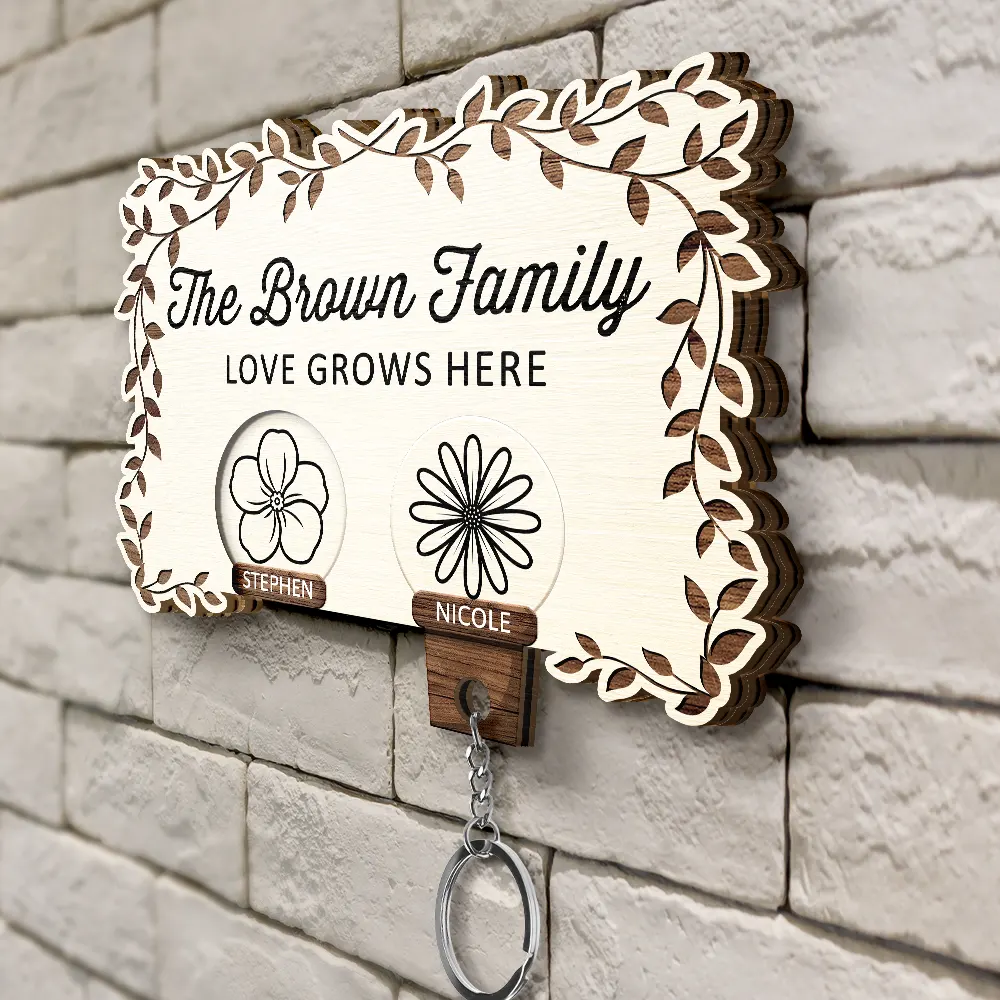 Birth Flower Family Love Grows Here - Personalized Custom Shaped Key Holder - Image 4