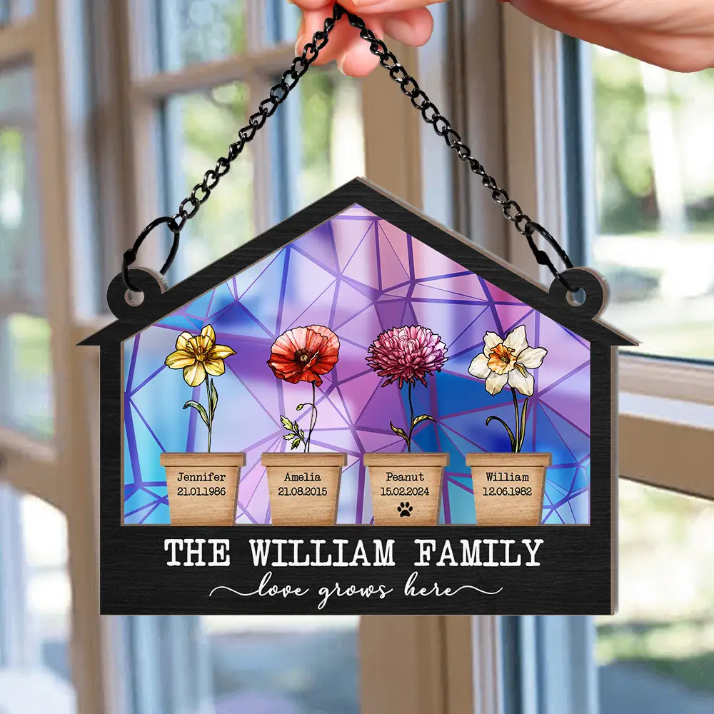Birth Flower Family Love Grows Here - Personalized Window Hanging Suncatcher Ornament - Image 2