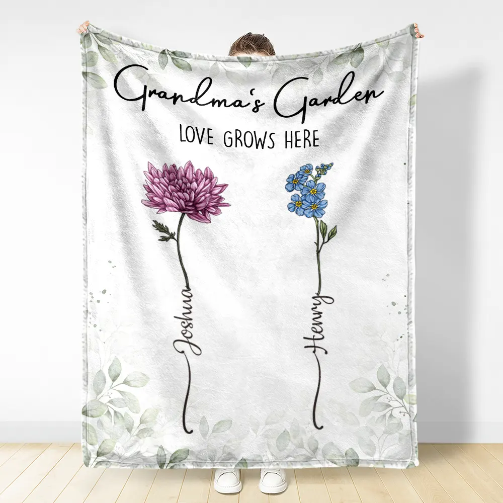 Birth Flower Garden Love Grows Here - Personalized Fleece Blanket, Sherpa Blanket - Image 3