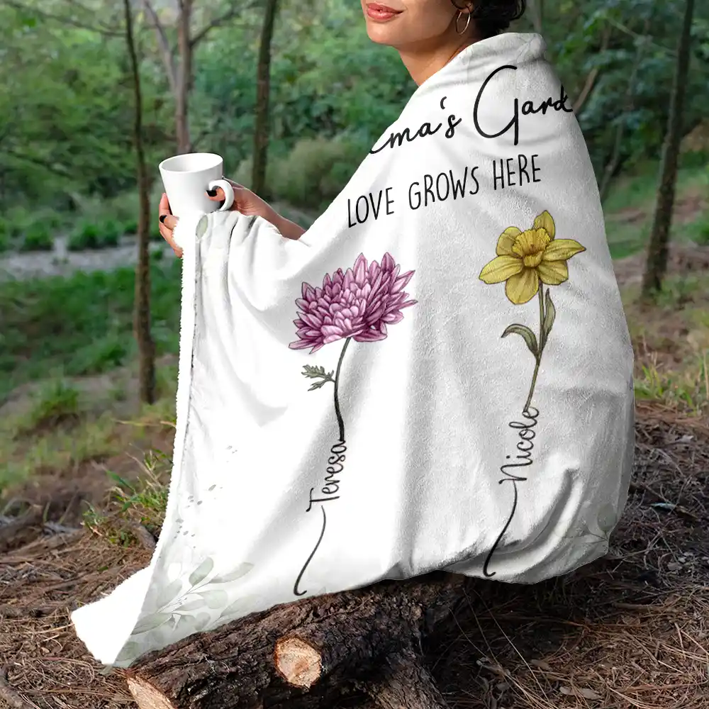 Birth Flower Garden Love Grows Here - Personalized Fleece Blanket, Sherpa Blanket - Image 5