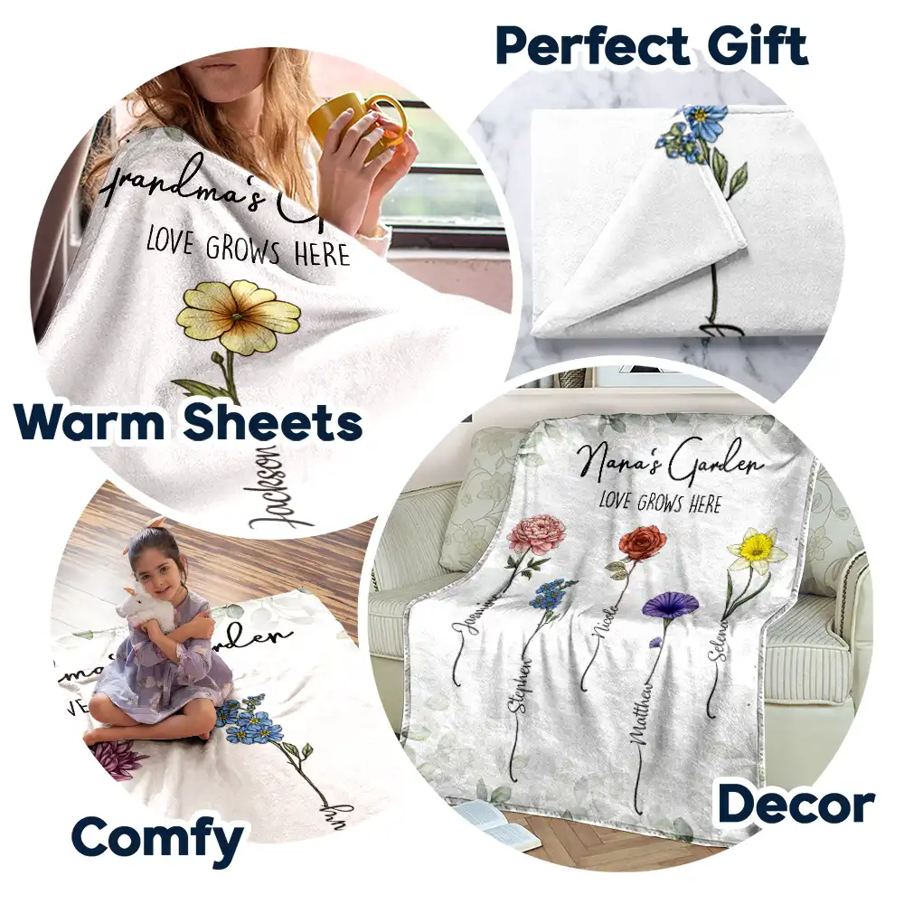 Birth Flower Garden Love Grows Here - Personalized Fleece Blanket, Sherpa Blanket - Image 7