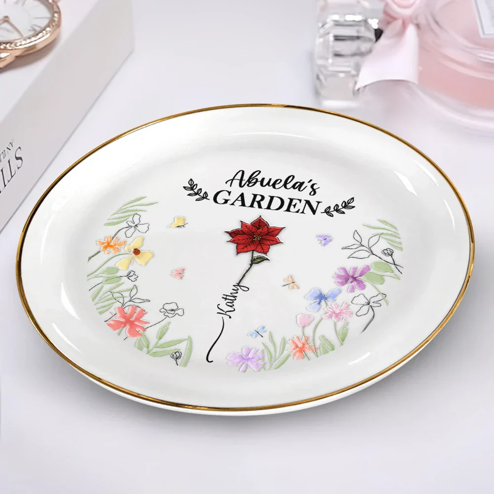 Birth Flower Grandma's Garden - 3D Embossed Effect Printed Ring Dish, Personalized Round Ring Dish - Image 2