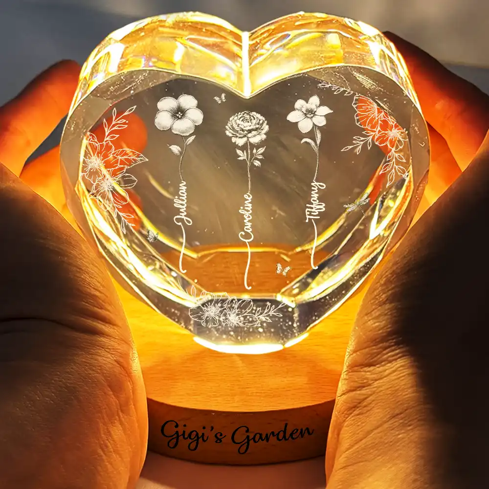 Birth Flower Grandma's Garden - Personalized Crystal Heart Shaped Lamp - Image 4