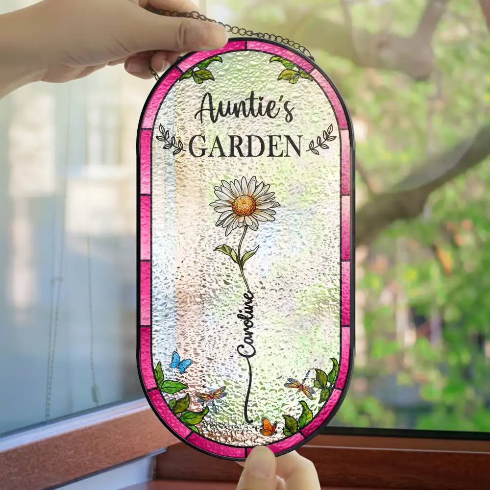 Birth Flower Grandma's Garden - Personalized Rounded Rectangle Stained Glass Suncatcher - Image 4