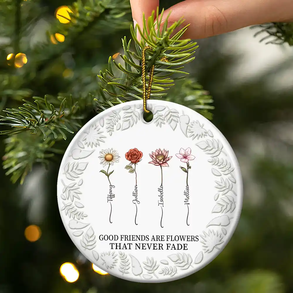 Birth Flower Grow An Old Friend - 3D Embossed Effect Printed Ornament, Personalized Circle Ceramic Ornament - Image 3