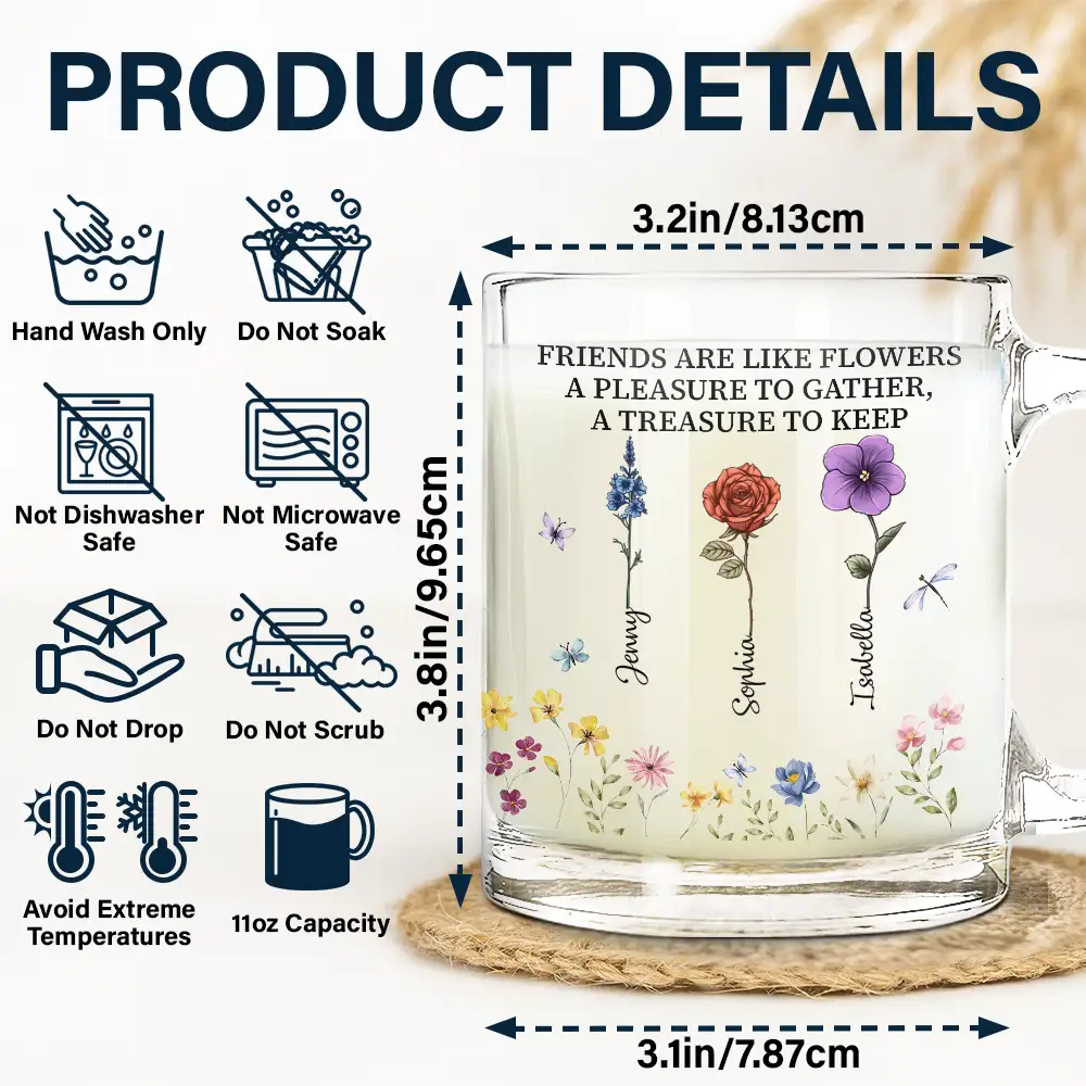 Birth Flower Grow An Old Friend Bestie - Personalized Glass Mug - Image 5