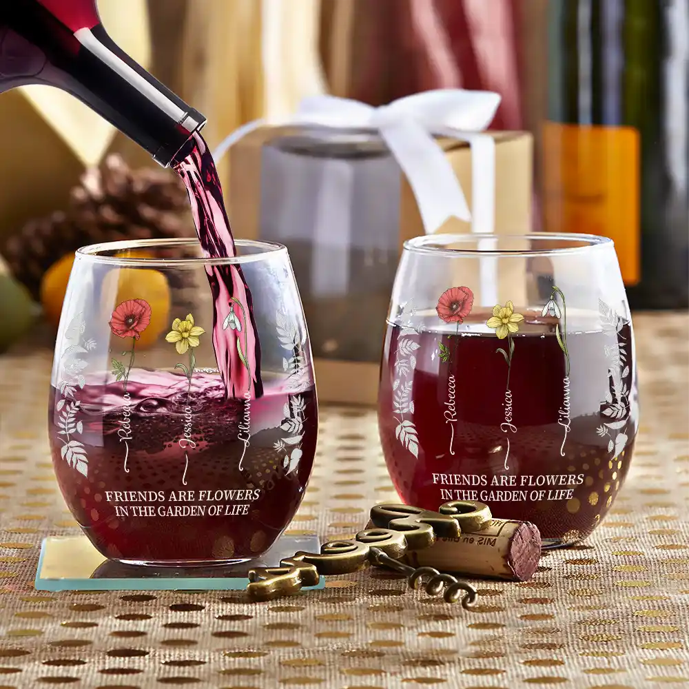 Birth Flower Grow An Old Friend Bestie - Personalized Stemless Wine Glass - Image 3