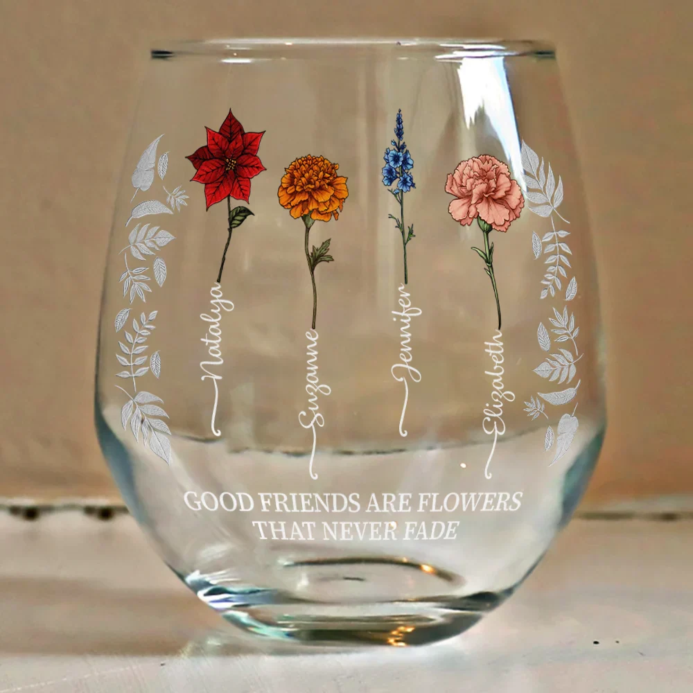 Birth Flower Grow An Old Friend Bestie - Personalized Stemless Wine Glass - Image 4