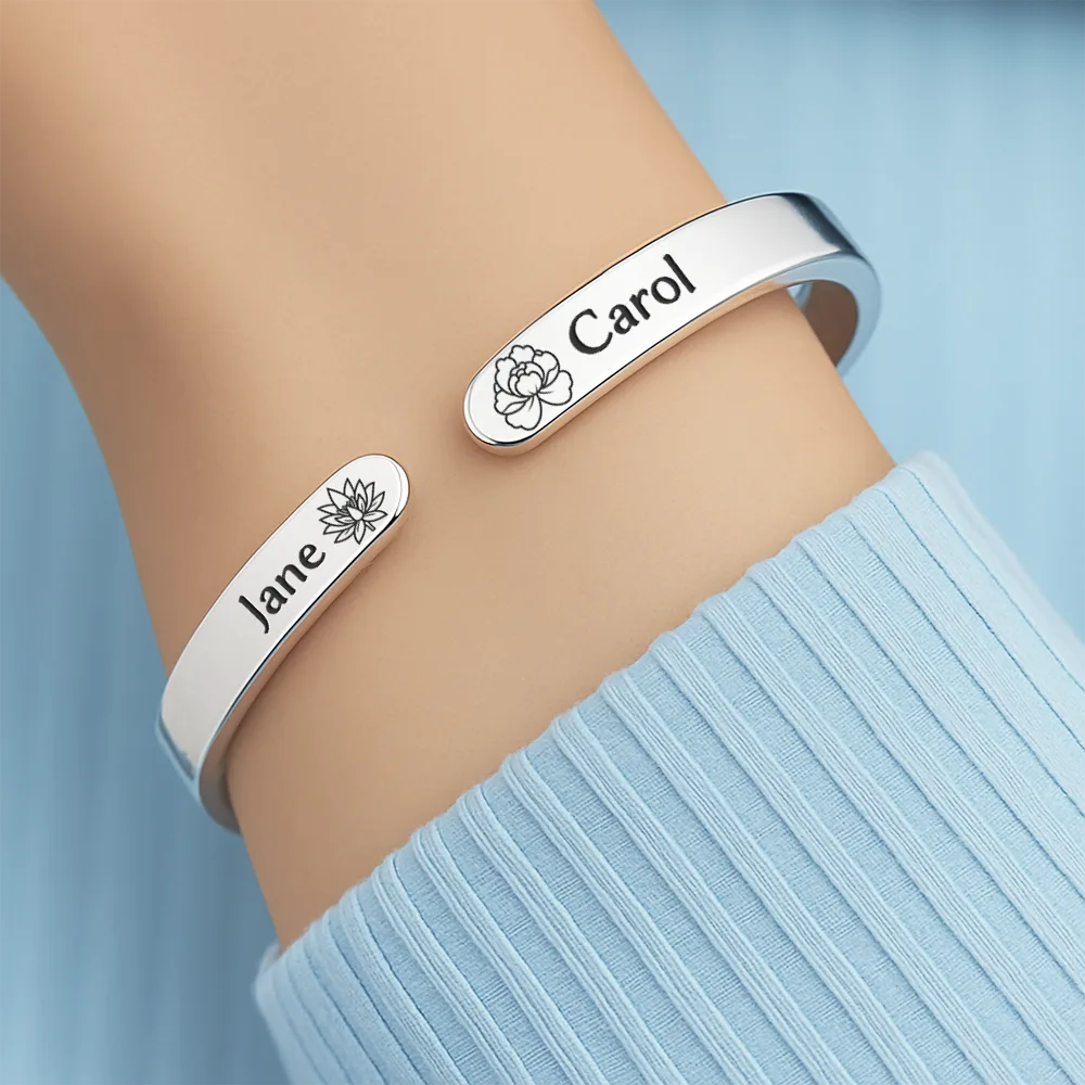 Birth Flower Grow An Old Friend - Personalized Bangle Bracelet Cuff - Image 4