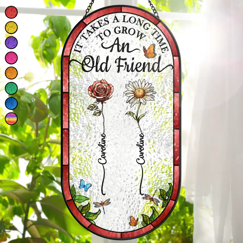 Birth Flower Grow An Old Friend - Personalized Rounded Rectangle Stained Glass Suncatcher