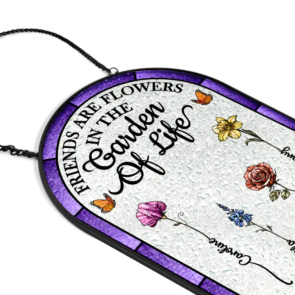 Birth Flower Grow An Old Friend - Personalized Rounded Rectangle Stained Glass Suncatcher - Image 2