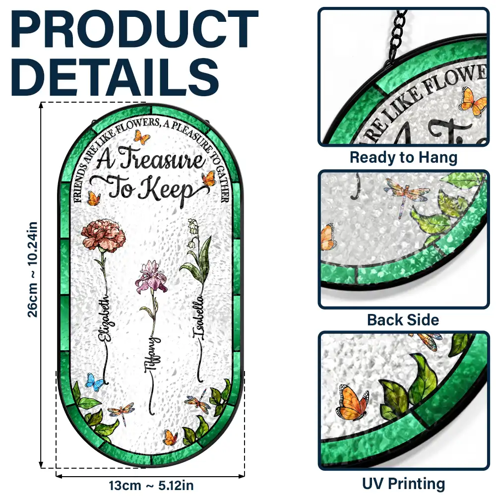Birth Flower Grow An Old Friend - Personalized Rounded Rectangle Stained Glass Suncatcher - Image 3