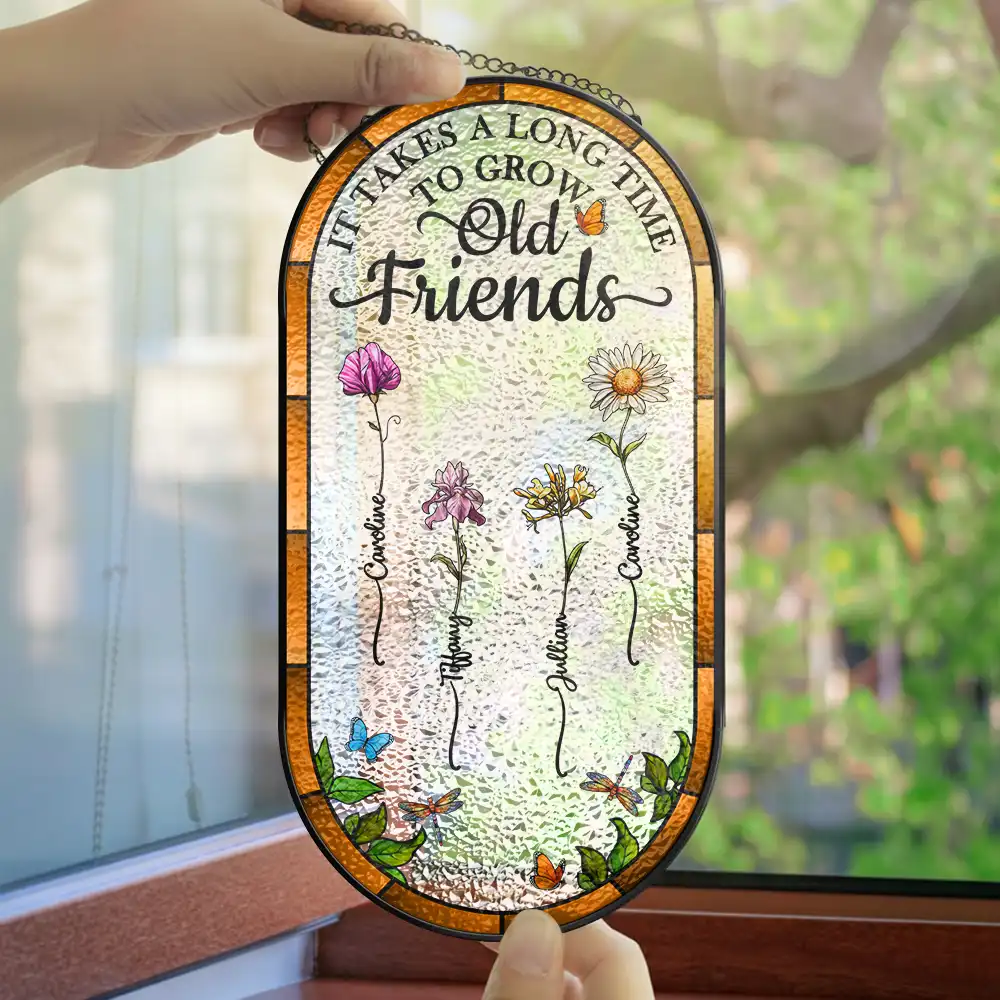 Birth Flower Grow An Old Friend - Personalized Rounded Rectangle Stained Glass Suncatcher - Image 4