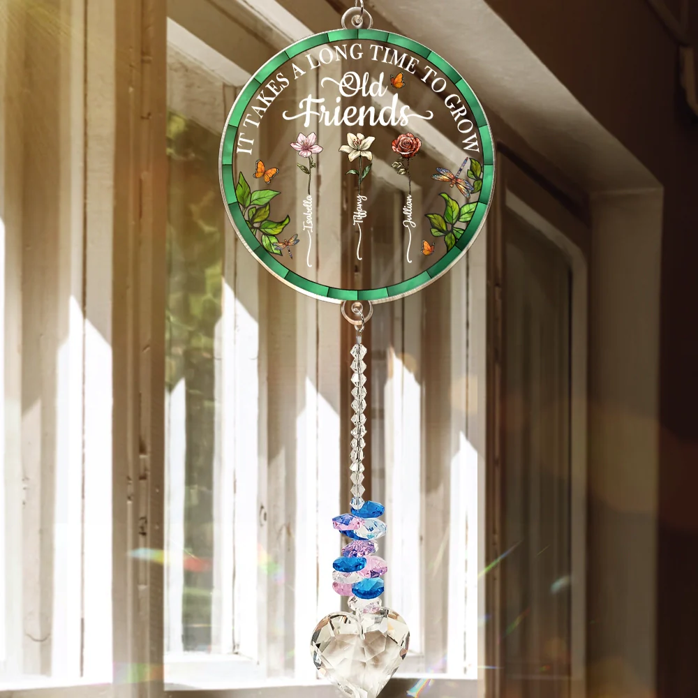 Birth Flower Grow An Old Friend To My Bestie - Personalized Heart Crystal Suncatcher - Image 3