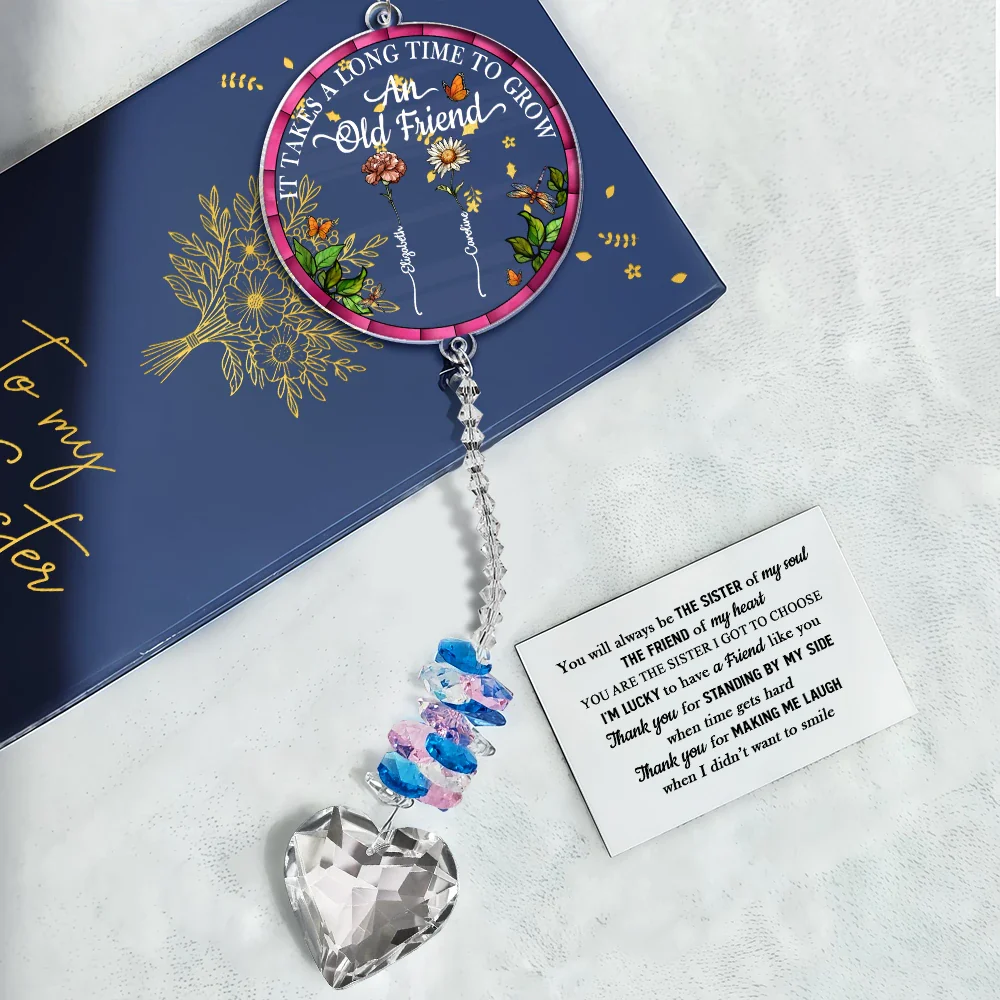 Birth Flower Grow An Old Friend To My Bestie - Personalized Heart Crystal Suncatcher - Image 5