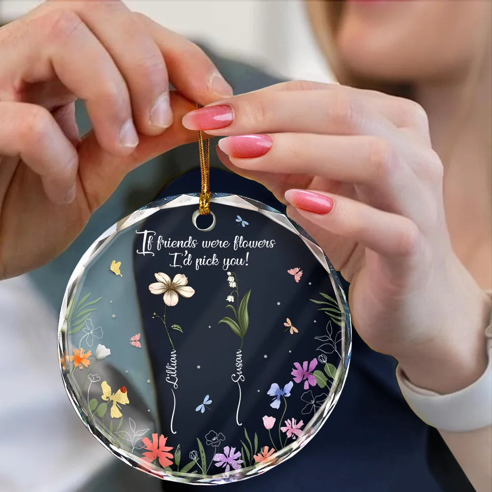 Birth Flower Grow Old Friends - Personalized Circle Glass Ornament - Image 4