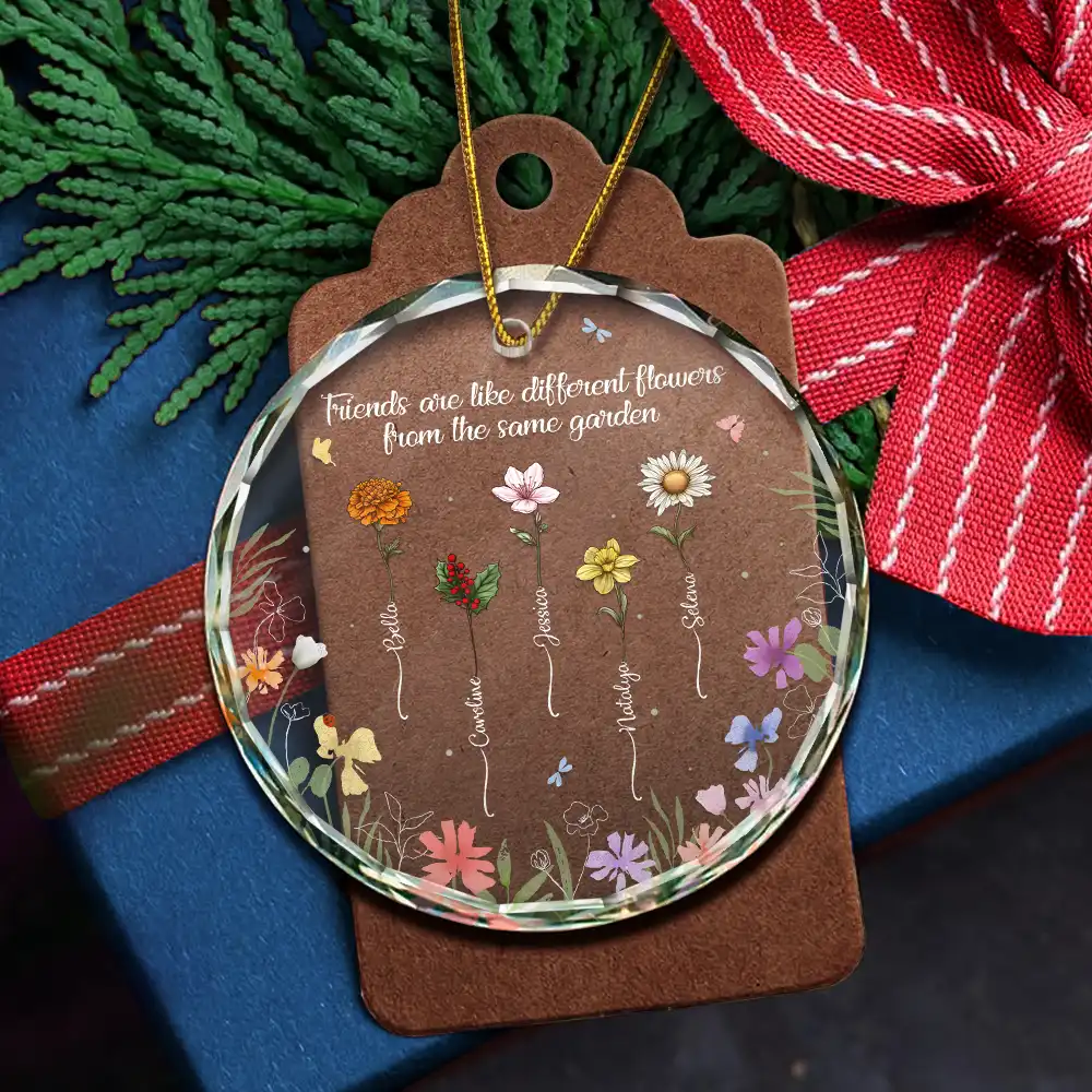 Birth Flower Grow Old Friends - Personalized Circle Glass Ornament - Image 5