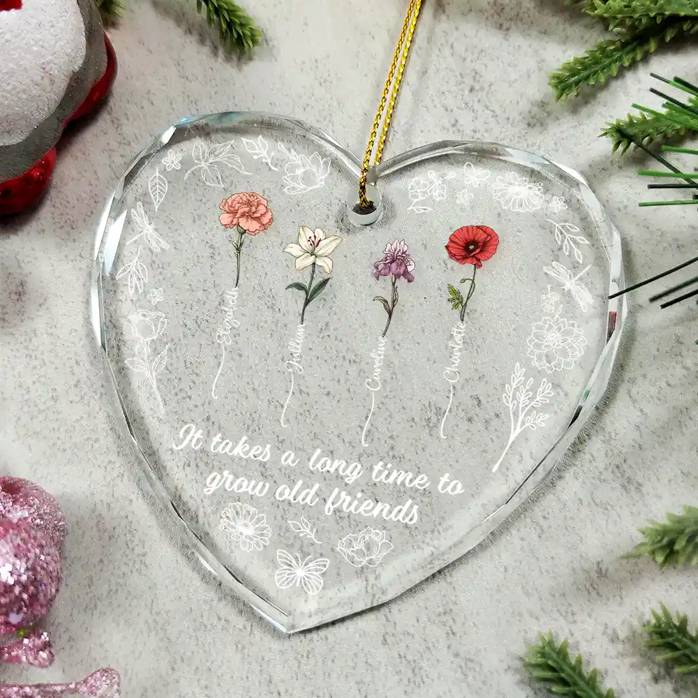 Birth Flower Grow Old Friends - Personalized Glass Ornament - Image 5