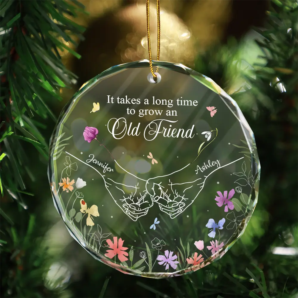 Birth Flower Hands Grow An Old Friend - Personalized Circle Glass Ornament - Image 3