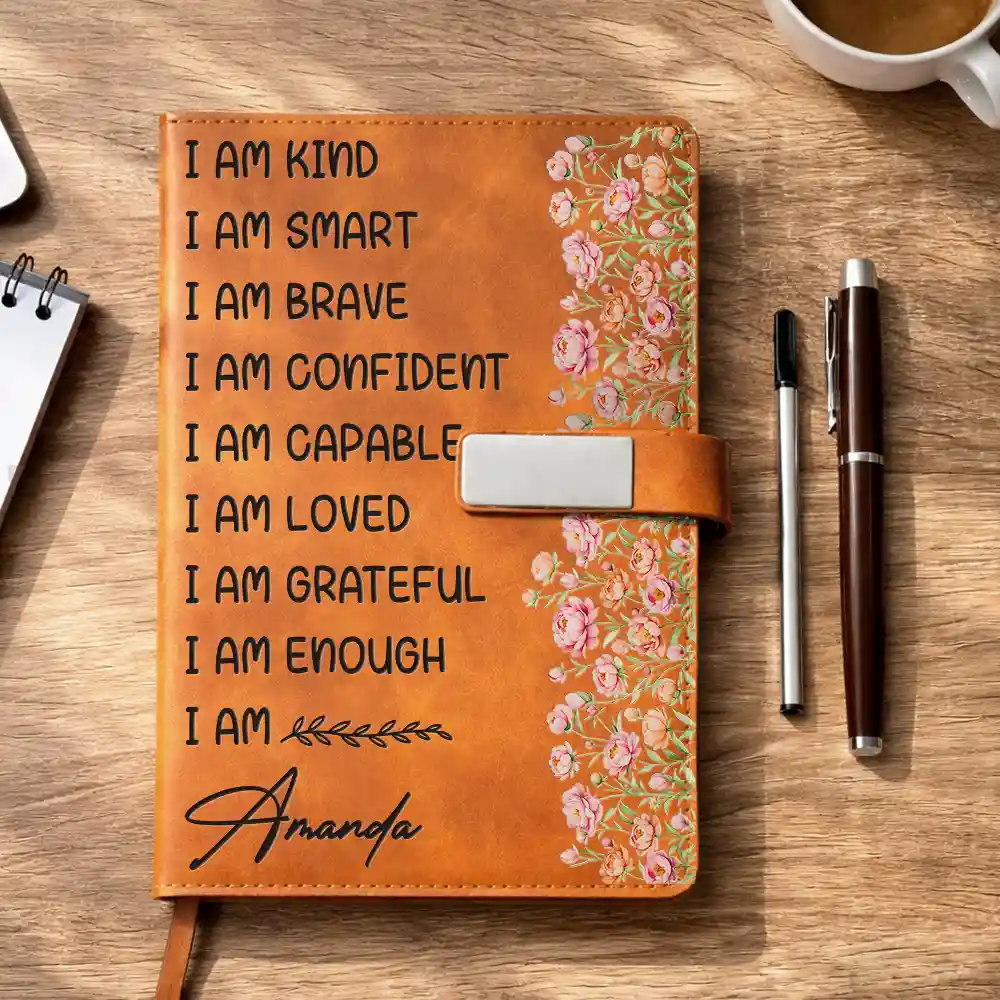 Birth Flower I Am Enough - Personalized Leather Notebook Set - Image 4