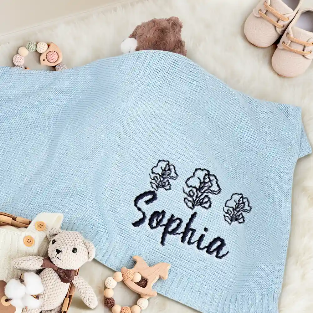 Birth Flower Line Art Custom Name - Personalized Embroidered Knitted Baby Blanket - Image 3