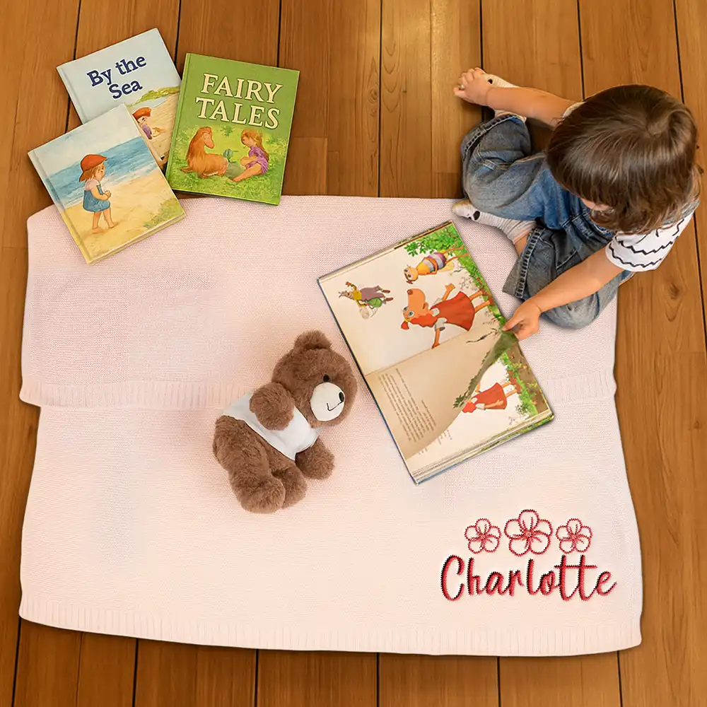 Birth Flower Line Art Custom Name - Personalized Embroidered Knitted Baby Blanket - Image 4