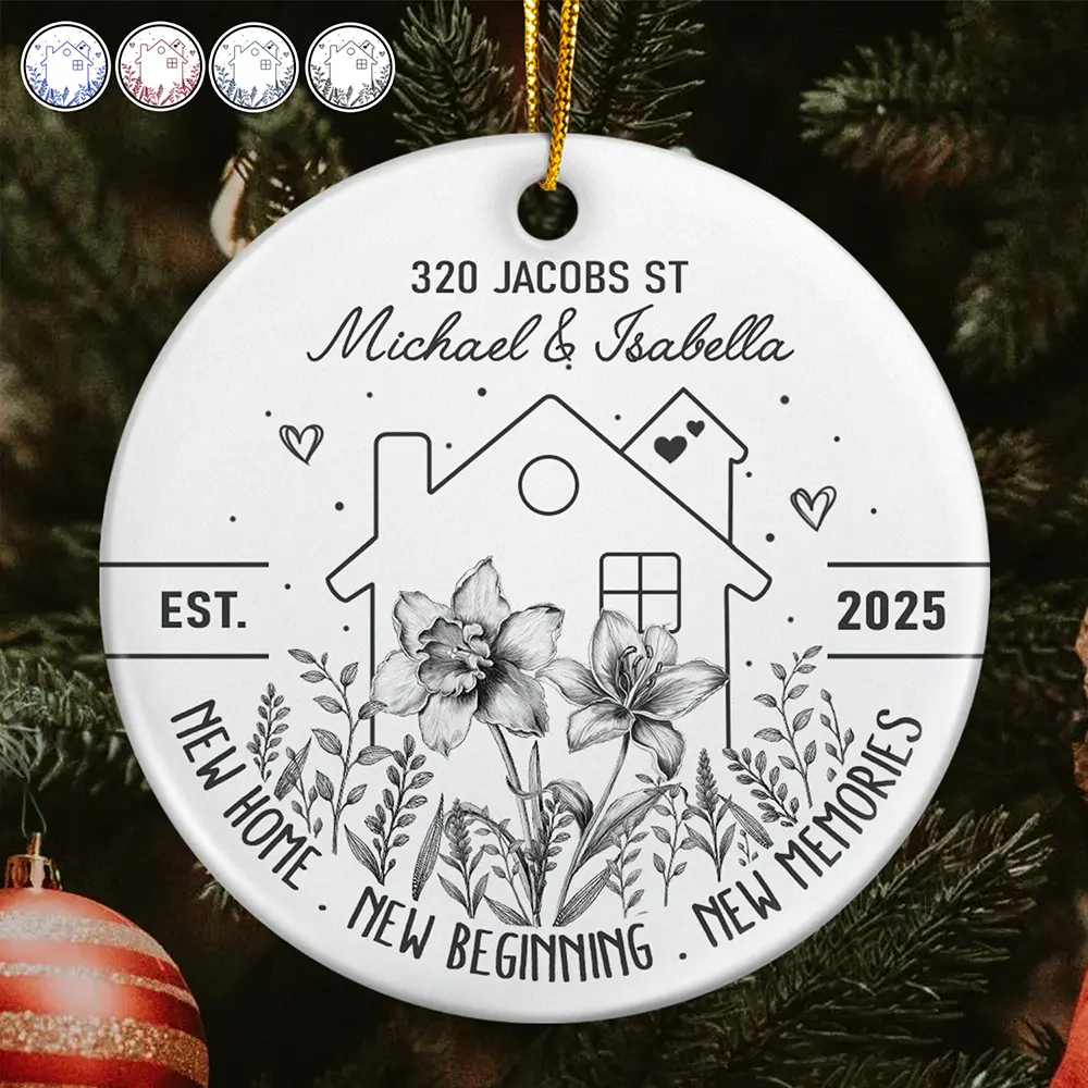 Birth Flower New Home New Beginning - Personalized Circle Ceramic Ornament - Image 2