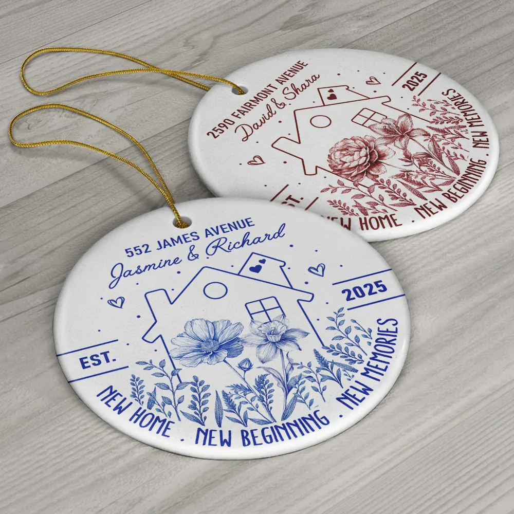 Birth Flower New Home New Beginning - Personalized Circle Ceramic Ornament - Image 7