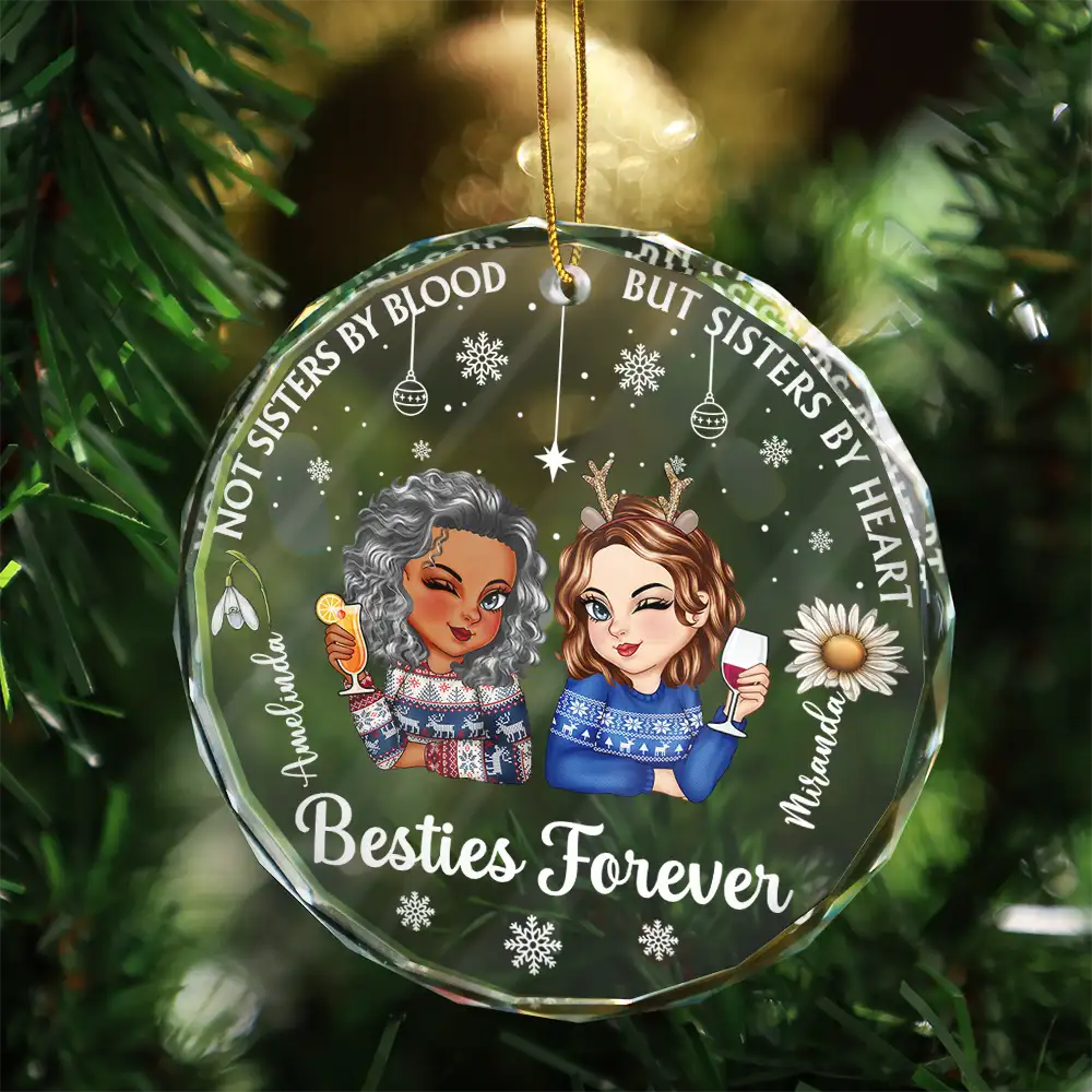 Birth Flower Not Sisters By Blood But Sisters By Heart - Personalized Circle Glass Ornament - Image 3