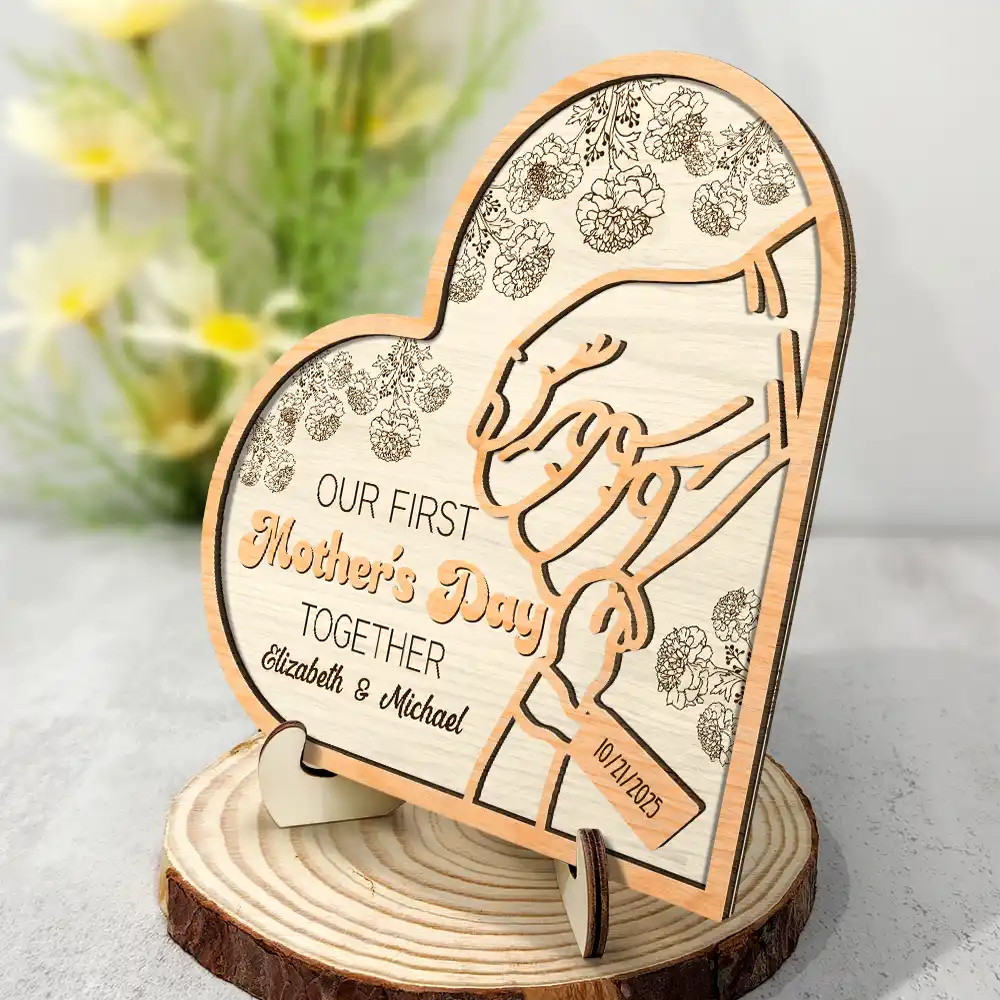 Birth Flower Our First Mother's Day Together - Personalized 2-Layered Wooden Plaque With Stand - Image 2