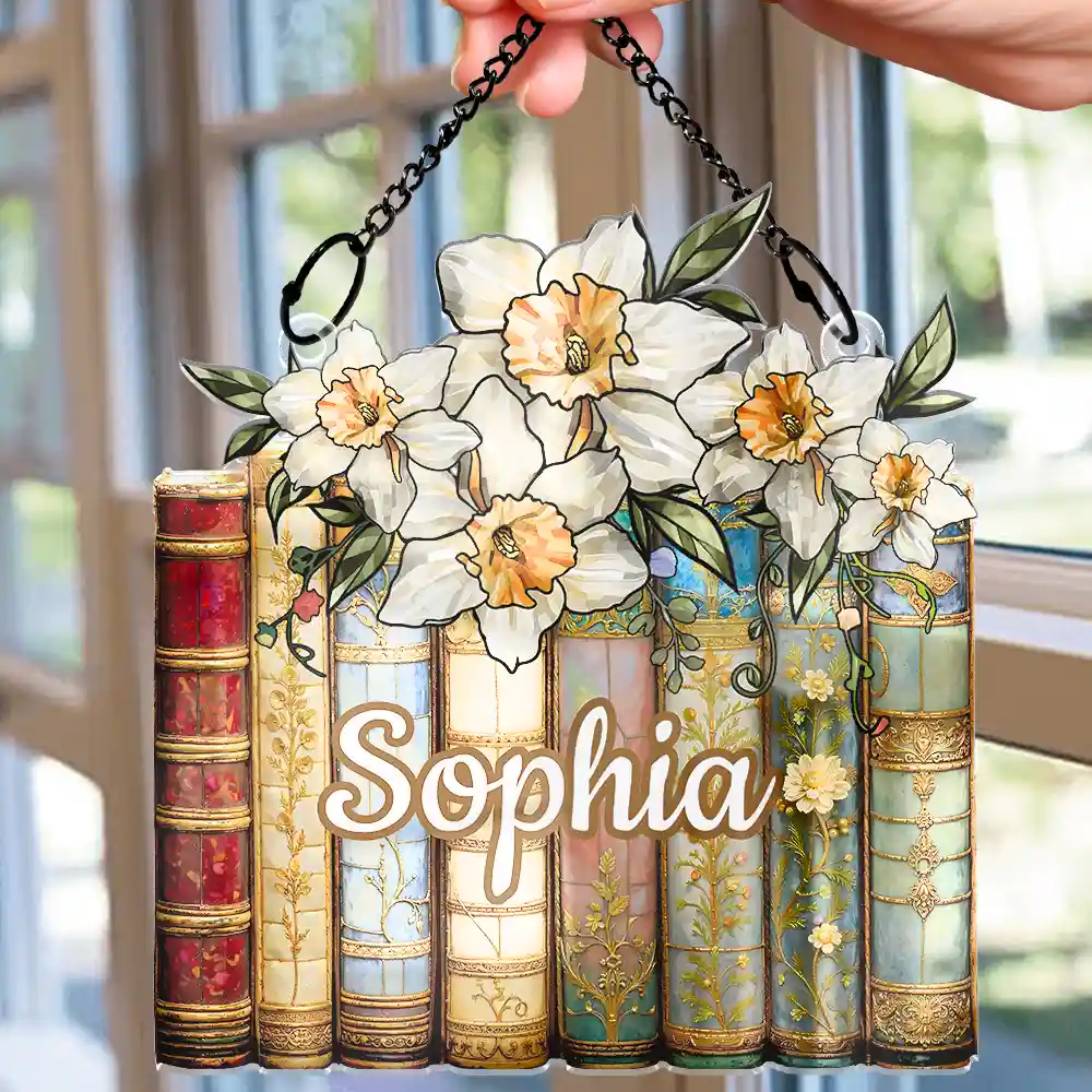 Birth Flower Reading Book Stack Stained Glass Effect - Personalized Window Hanging Suncatcher Ornament - Image 2