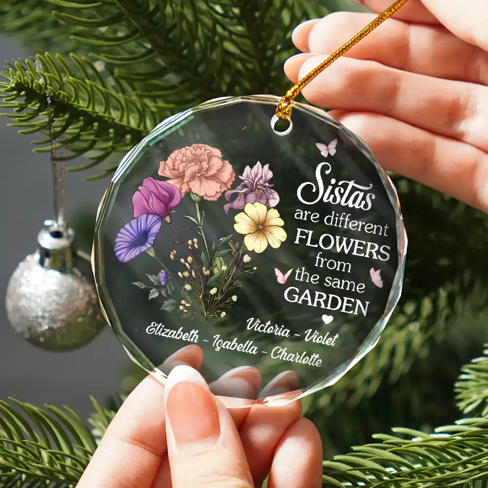 Birth Flower Sisters Are Different Flowers From The Same Garden - Personalized Circle Glass Ornament - Image 2