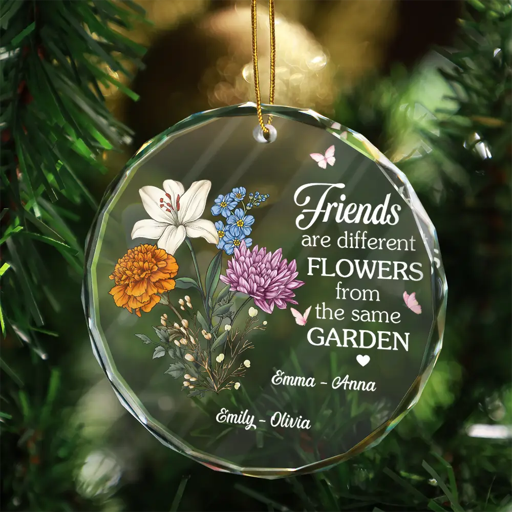 Birth Flower Sisters Are Different Flowers From The Same Garden - Personalized Circle Glass Ornament - Image 3