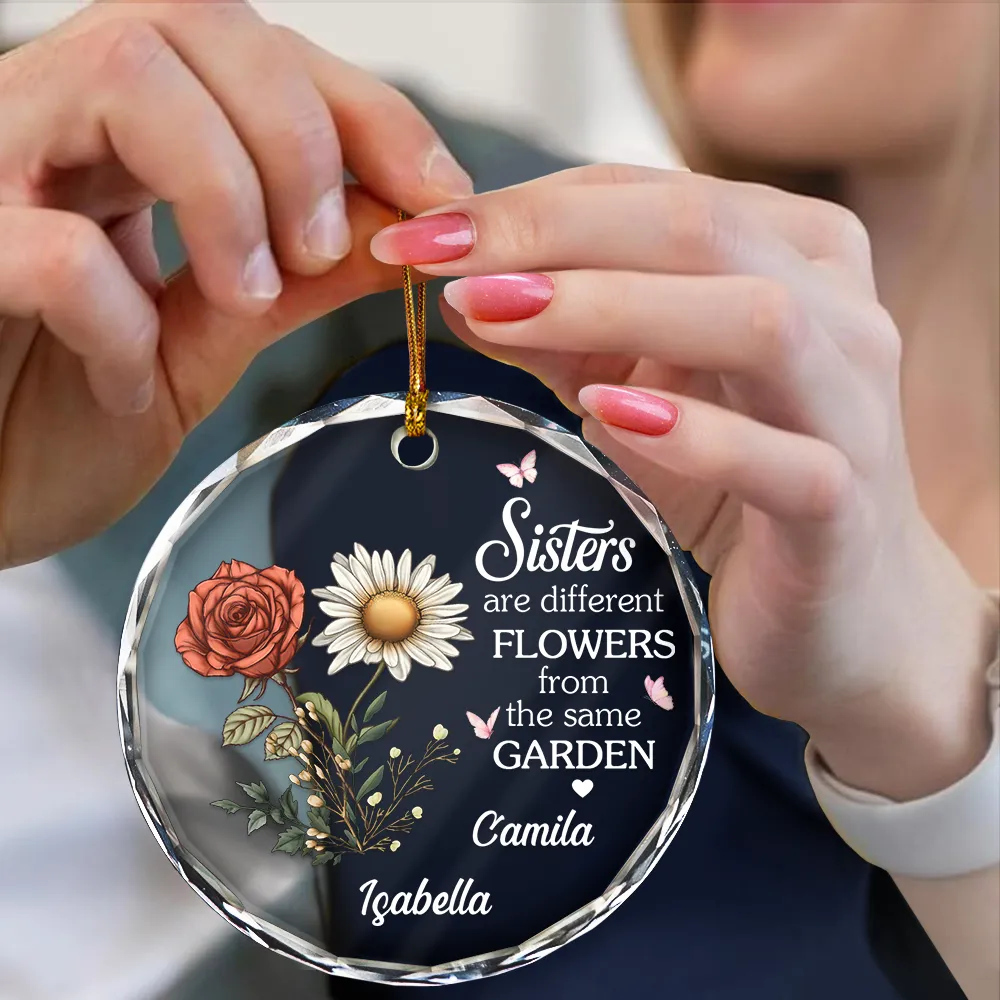 Birth Flower Sisters Are Different Flowers From The Same Garden - Personalized Circle Glass Ornament - Image 4