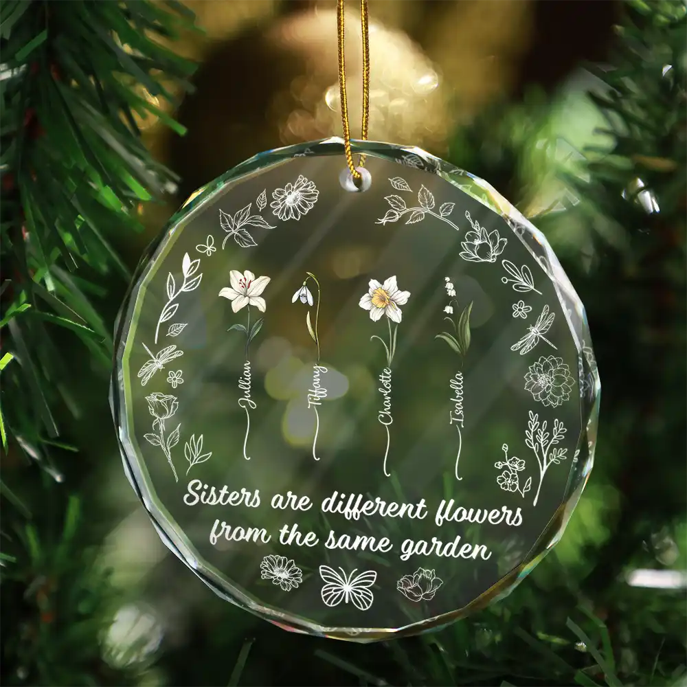 Birth Flower Sisters Are Different Flowers - Personalized Glass Ornament - Image 3