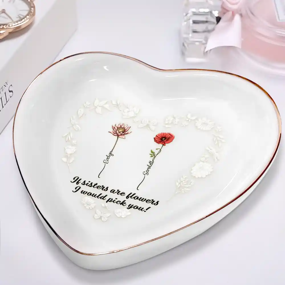 Birth Flower Sisters Are Different Flowers - Personalized Heart Ring Dish - Image 2