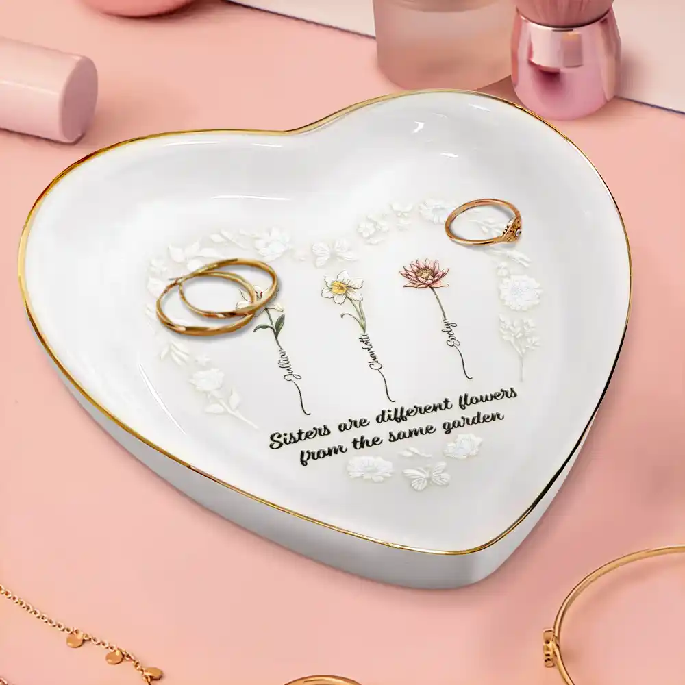 Birth Flower Sisters Are Different Flowers - Personalized Heart Ring Dish - Image 3