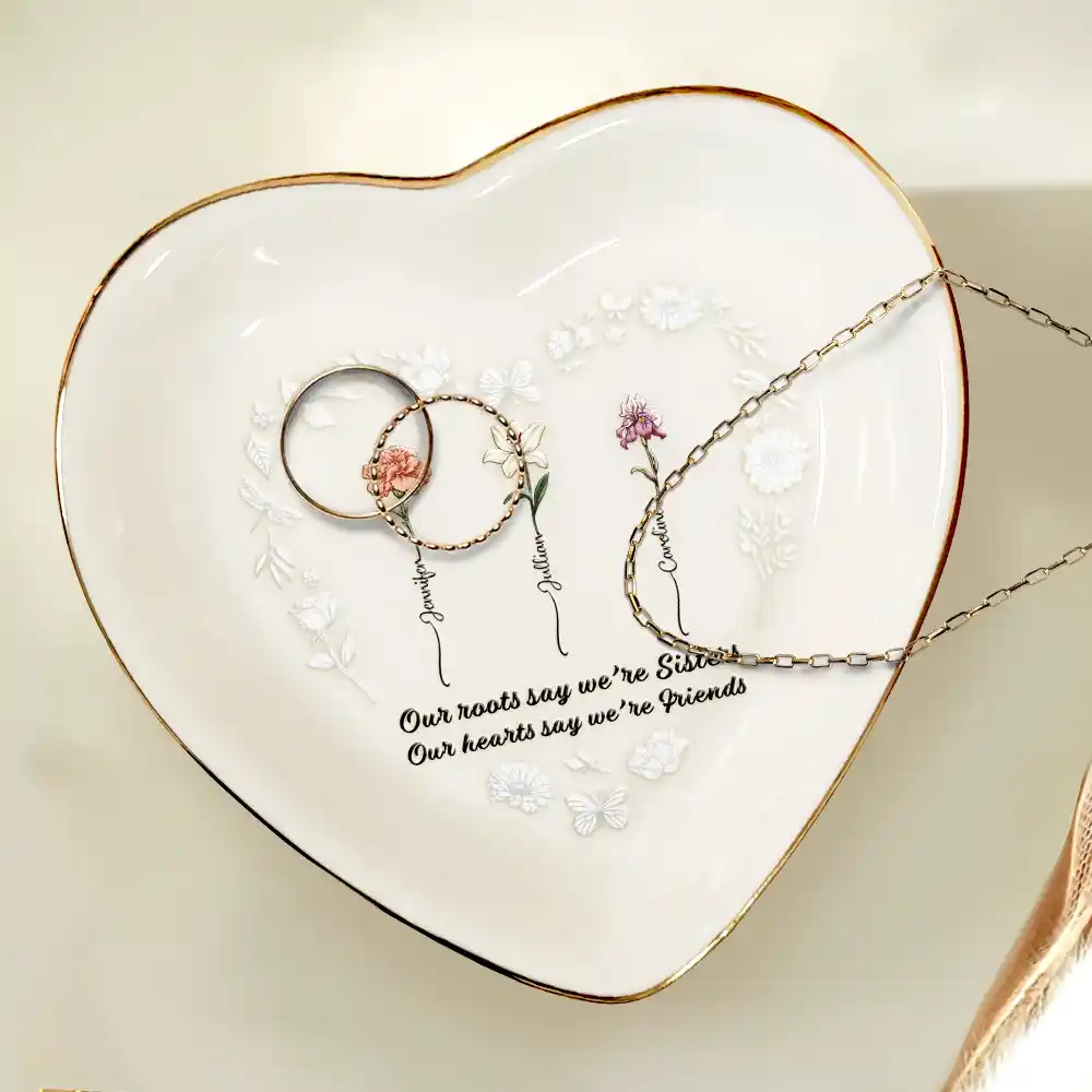 Birth Flower Sisters Are Different Flowers - Personalized Heart Ring Dish - Image 4
