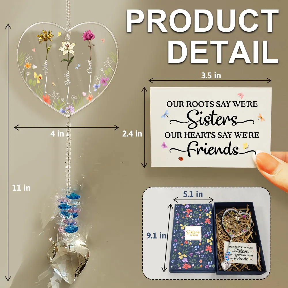 Birth Flower Sisters Besties From The Same Garden - Personalized Heart Crystal Suncatcher - Image 2