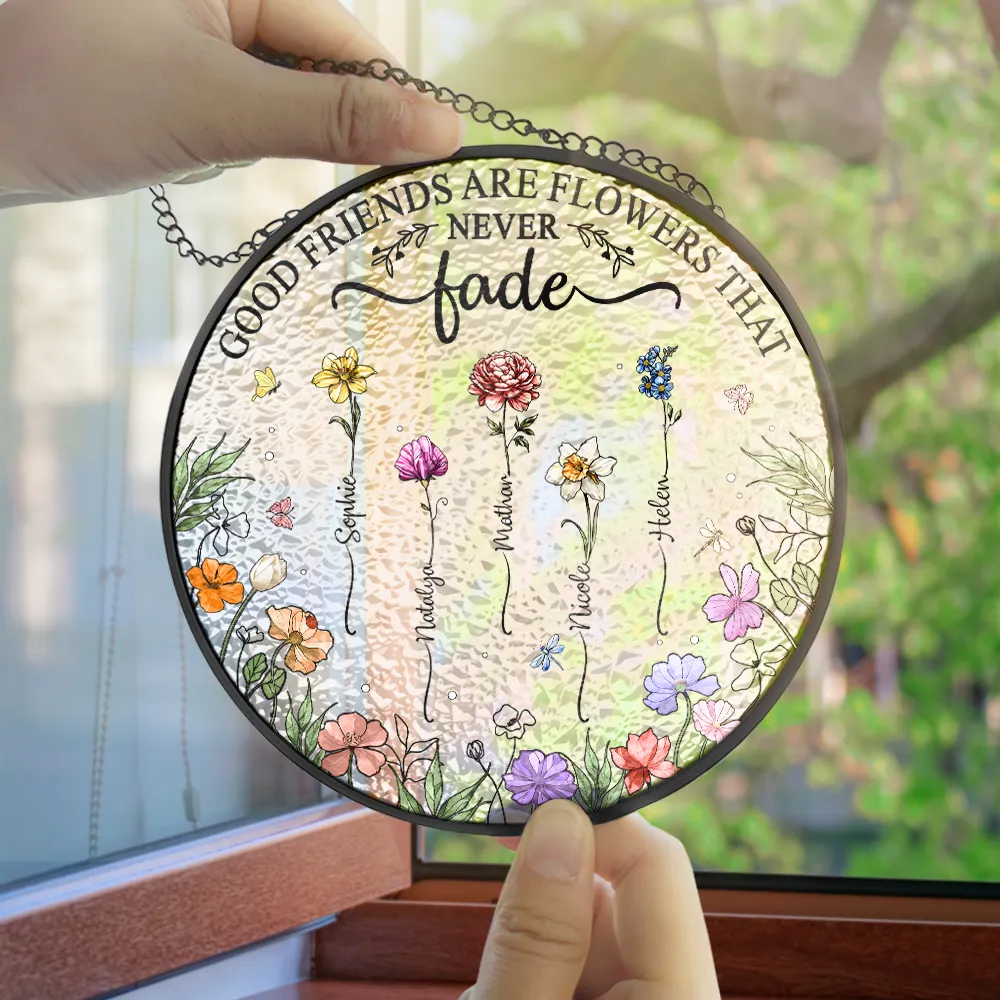 Birth Flower Sisters Besties From The Same Garden - Personalized Stained Glass Window Hanging Suncatcher - Image 4