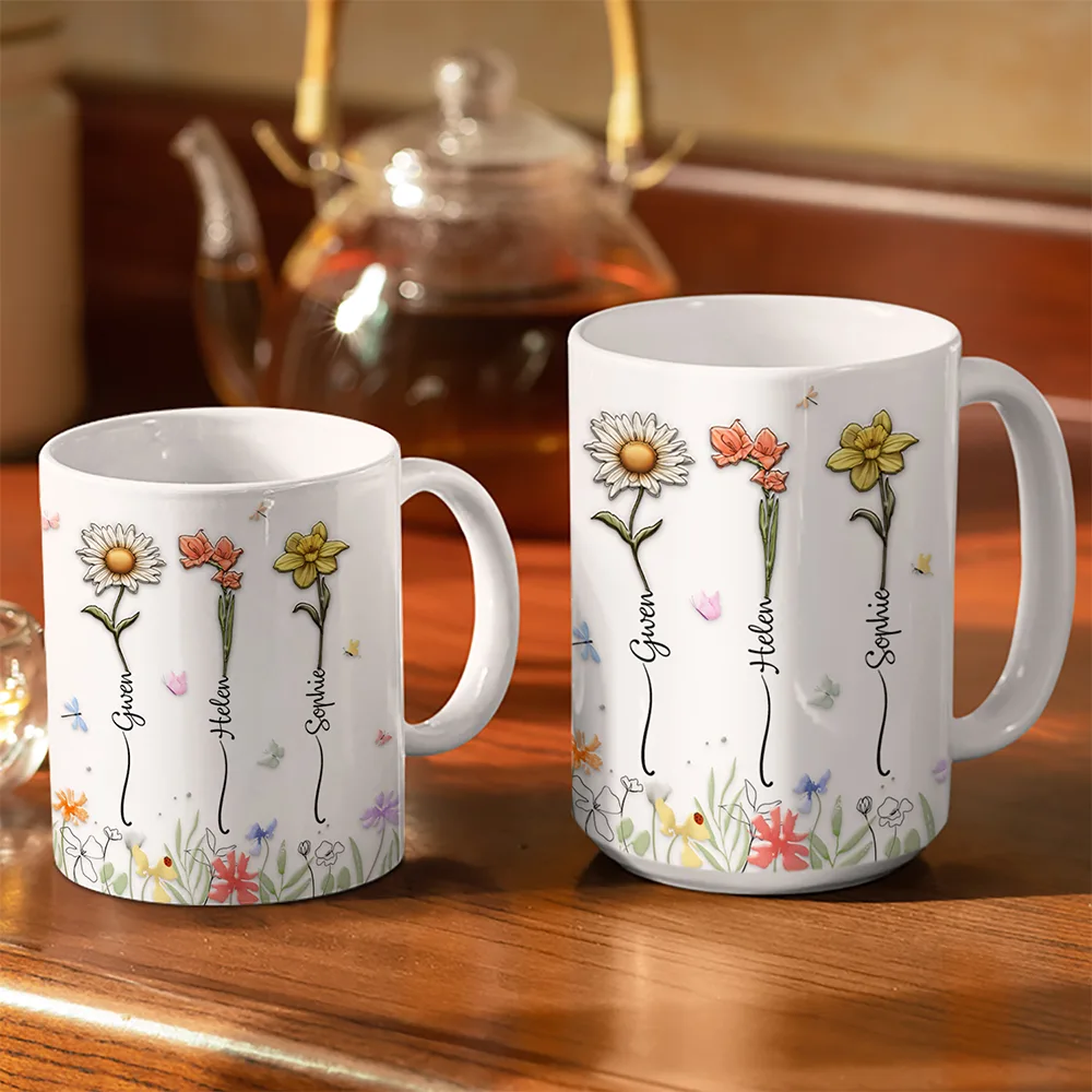 Birth Flower Sisters From The Same Garden - 3D Embossed Effect Printed Mug, Personalized White Edge-to-Edge Mug - Image 3