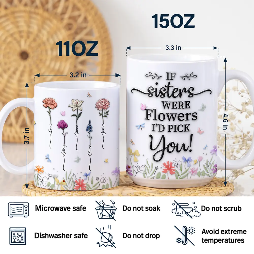 Birth Flower Sisters From The Same Garden - 3D Embossed Effect Printed Mug, Personalized White Edge-to-Edge Mug - Image 5
