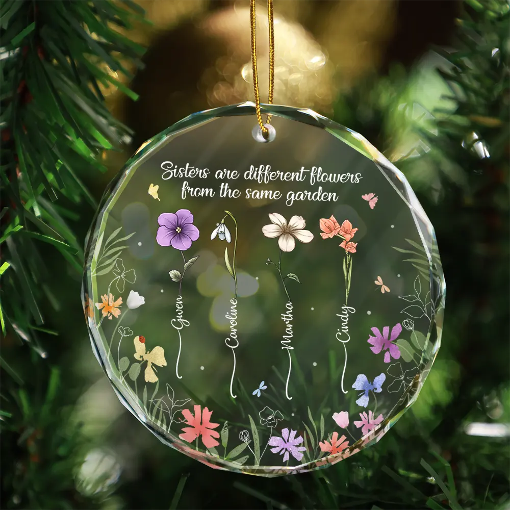 Birth Flower Sisters From The Same Garden - Personalized Circle Glass Ornament - Image 3