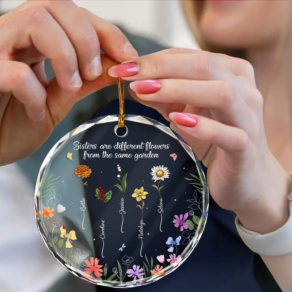 Birth Flower Sisters From The Same Garden - Personalized Circle Glass Ornament - Image 4