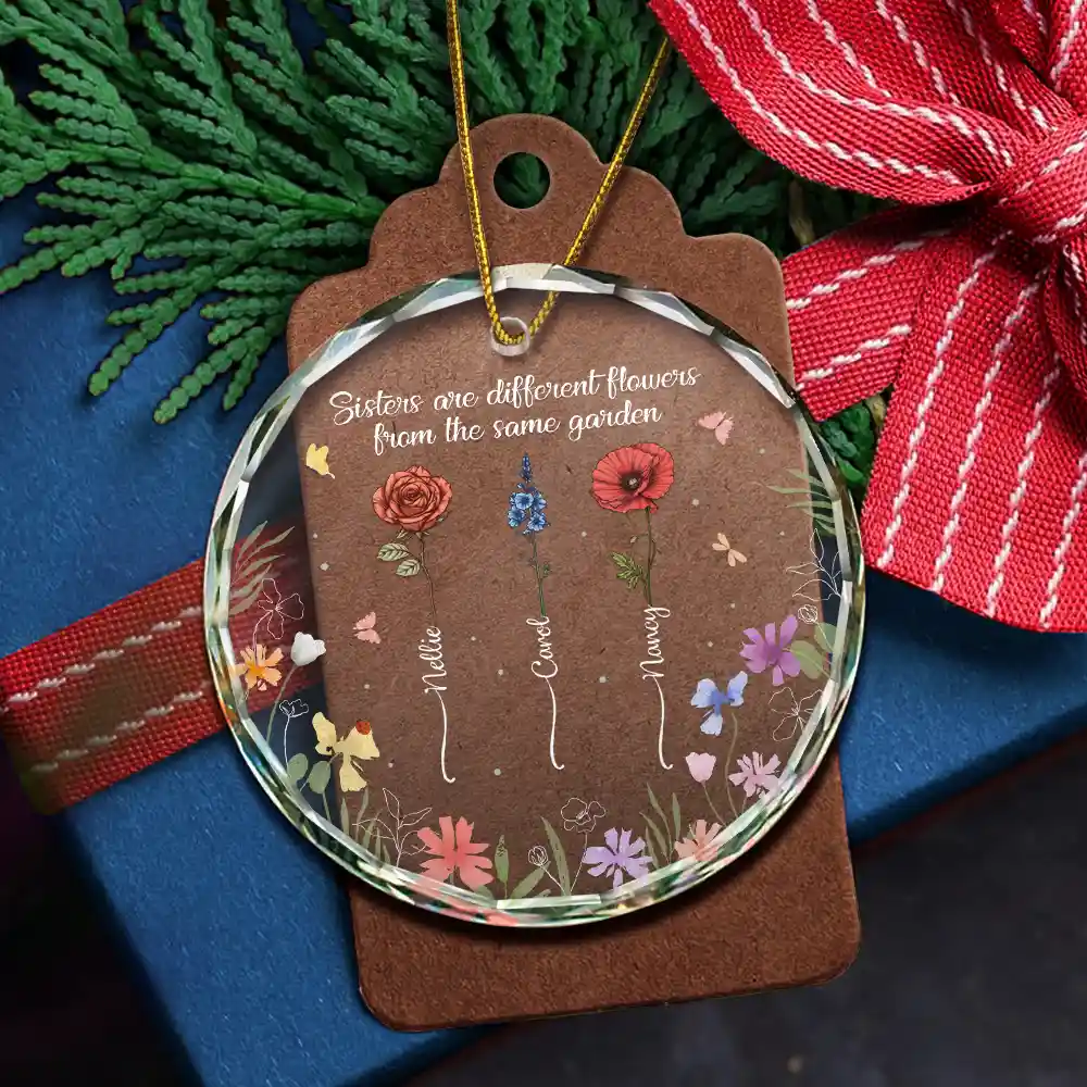 Birth Flower Sisters From The Same Garden - Personalized Circle Glass Ornament - Image 5
