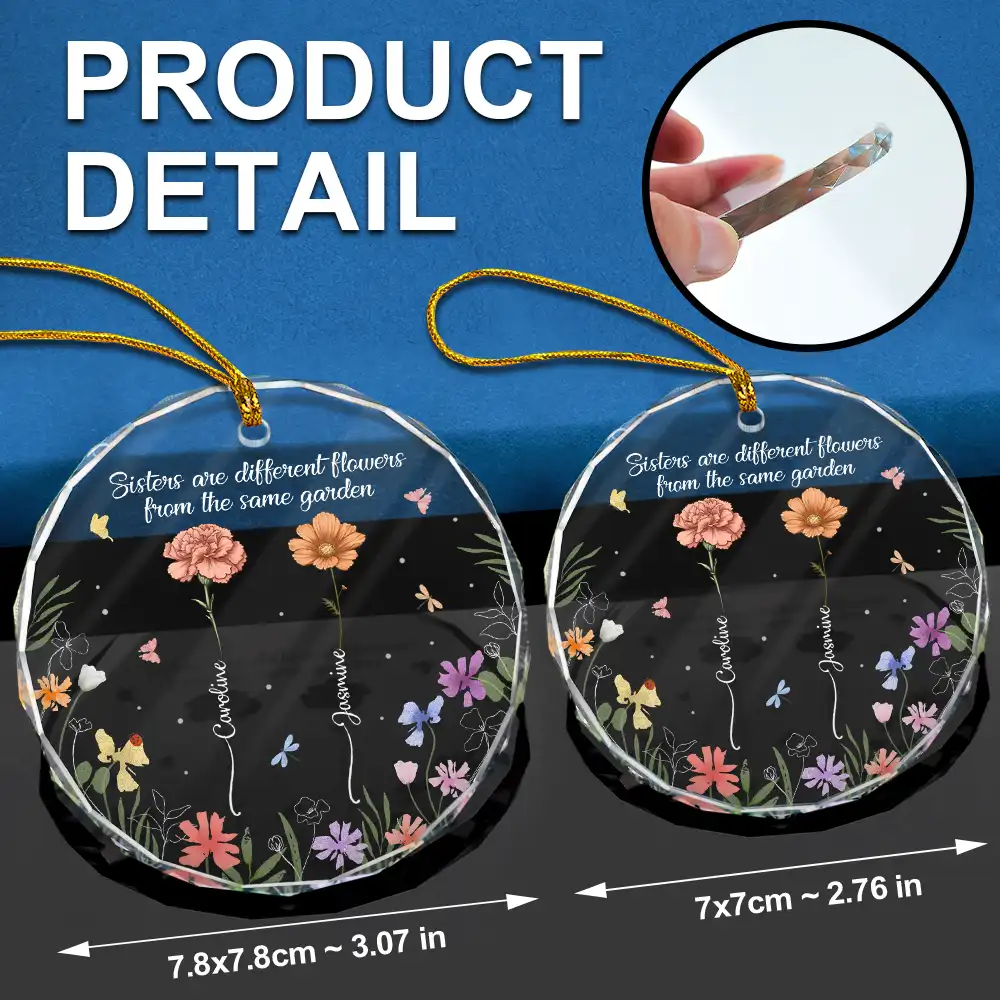 Birth Flower Sisters From The Same Garden - Personalized Circle Glass Ornament - Image 6